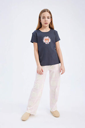Kız Çocuk Pijama Takımı Fitilli Kaşkorse Baskılı Kısa Kollu Üst Uzun Alt