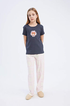 Kız Çocuk Pijama Takımı Fitilli Kaşkorse Baskılı Kısa Kollu Üst Uzun Alt