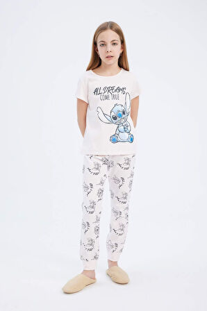 Kız Çocuk Disney Lilo & Stitch Pijama Takımı Bisiklet Yaka Kısa Kollu Üst Uzun Alt