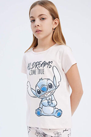 Kız Çocuk Disney Lilo & Stitch Pijama Takımı Bisiklet Yaka Kısa Kollu Üst Uzun Alt