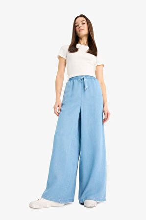Pull On Wide Leg Yüksek Bel Uzun Yumuşak Jean Yıkamalı Pantolon