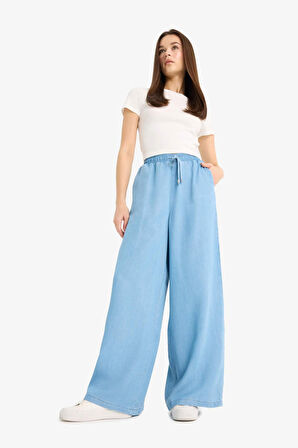Pull On Wide Leg Yüksek Bel Uzun Yumuşak Jean Yıkamalı Pantolon