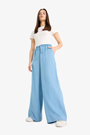 Pull On Wide Leg Yüksek Bel Uzun Yumuşak Jean Yıkamalı Pantolon
