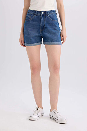 Mom Fit Yüksek Bel Katlamalı Paça Jean Şort