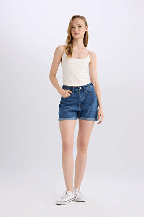 Mom Fit Yüksek Bel Katlamalı Paça Jean Şort