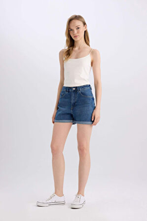 Mom Fit Yüksek Bel Katlamalı Paça Jean Şort