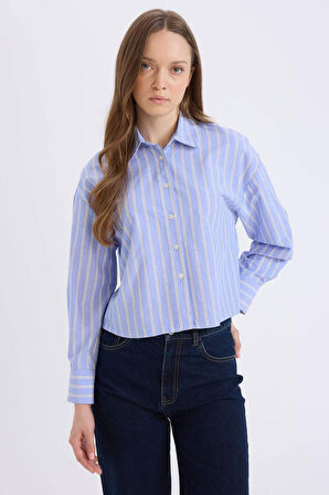 DeFacto Relax Fit Çizgili Poplin Uzun Kollu Gömlek E1261AX25SPNV248