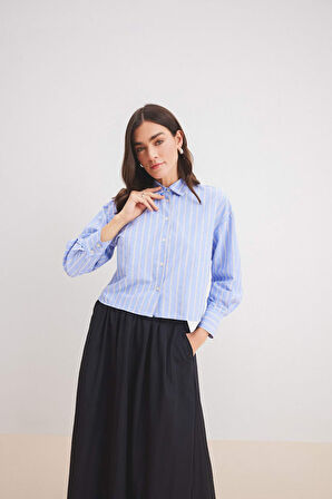 DeFacto Relax Fit Çizgili Poplin Uzun Kollu Gömlek E1261AX25SPNV248