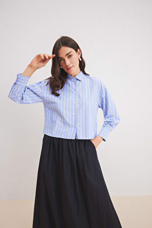DeFacto Relax Fit Çizgili Poplin Uzun Kollu Gömlek E1261AX25SPNV248