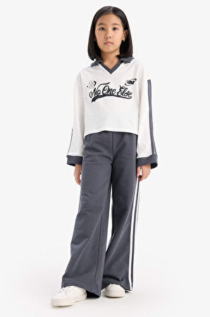 Kız Çocuk 2'li Takım Baskılı Sweatshirt Beli Lastikli Geniş Paça Eşofman Altı
