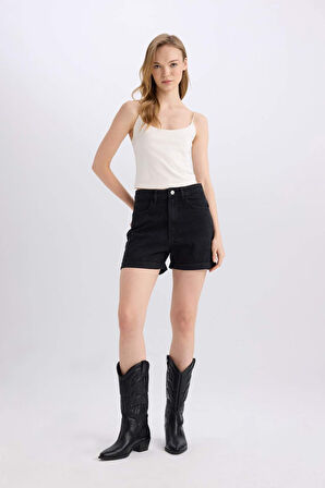 Mom Fit Yüksek Bel Katlamalı Paça Jean Şort