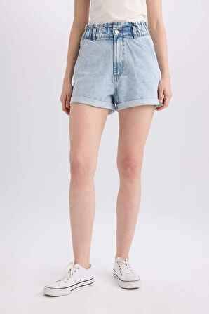 Paperbag Yüksek Bel Katlamalı Paça Jean Şort