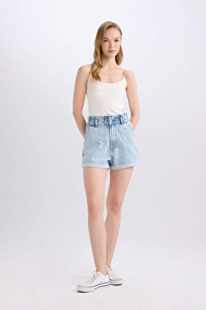 Paperbag Yüksek Bel Katlamalı Paça Jean Şort