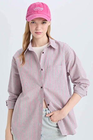DeFacto Coool Oversize Geniş Kalıp Çizgili Oxford Uzun Kollu Gömlek E1807AX24WNBR467