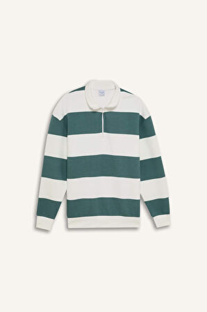 Erkek Mavi Boxy Fit Fermuarlı Dik Yaka Çizgili Sweatshirt