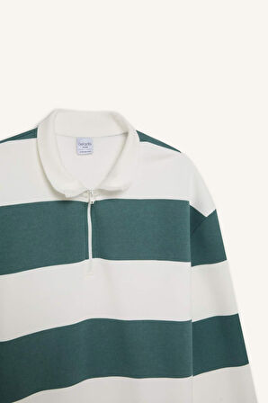 Erkek Mavi Boxy Fit Fermuarlı Dik Yaka Çizgili Sweatshirt