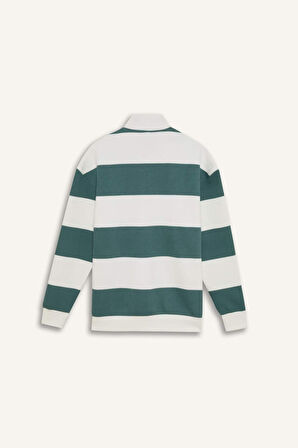 Erkek Mavi Boxy Fit Fermuarlı Dik Yaka Çizgili Sweatshirt
