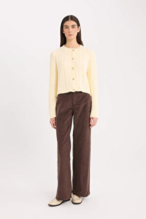 DeFacto Regular Fit Bisiklet Yaka Saç Örgülü Düğmeli Triko Hırka C9044AX24WNER109