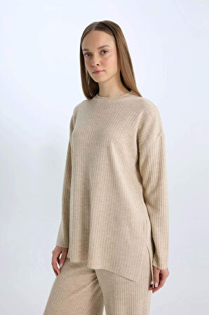 DeFacto Relax Fit Bisiklet Yaka Basic Düz Triko Tunik Kazak E2938AX24WNER13