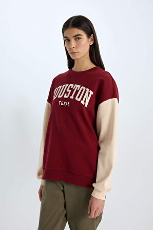 DeFacto Oversize Geniş Kalıp Bisiklet Yaka Baskılı Kalın Sweatshirt E3228AX24WNBR169