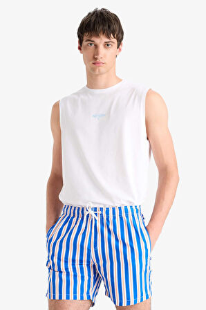 Çizgili File Astarlı Kısa Boy Deniz Şortu