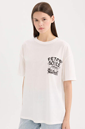 Oversize Geniş Kalıp Bisiklet Yaka Sırt Baskılı Kısa Kollu Tişört