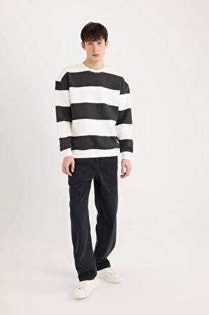 DeFacto 	Boxy Fit Bisiklet Yaka Çizgili Dokuma Etiketli Sweatshirt A9066AX24AUBK81