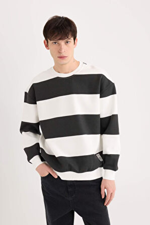 DeFacto 	Boxy Fit Bisiklet Yaka Çizgili Dokuma Etiketli Sweatshirt A9066AX24AUBK81