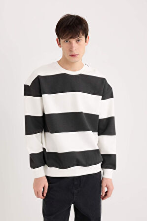 DeFacto 	Boxy Fit Bisiklet Yaka Çizgili Dokuma Etiketli Sweatshirt A9066AX24AUBK81