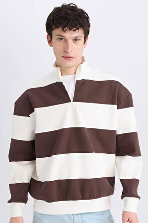 DeFacto Boxy Fit Fermuarlı Dik Yaka Çizgili Sweatshirt C7045AX24AUBN497