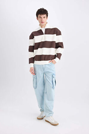 DeFacto Boxy Fit Fermuarlı Dik Yaka Çizgili Sweatshirt C7045AX24AUBN497