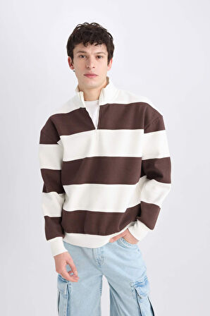 DeFacto Boxy Fit Fermuarlı Dik Yaka Çizgili Sweatshirt C7045AX24AUBN497