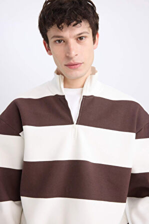 DeFacto Boxy Fit Fermuarlı Dik Yaka Çizgili Sweatshirt C7045AX24AUBN497