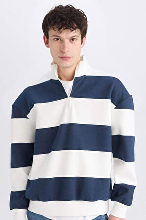 Boxy Fit Dik Yaka Yarım Fermuarlı Çizgili Sweatshirt