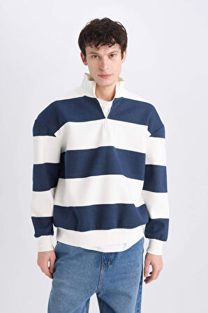 Boxy Fit Dik Yaka Yarım Fermuarlı Çizgili Sweatshirt
