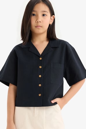 DeFacto %100 Pamuk Cropped Fit Keten Kısa Kollu Gömlek Kız Çocuk D7638A825SMBK27