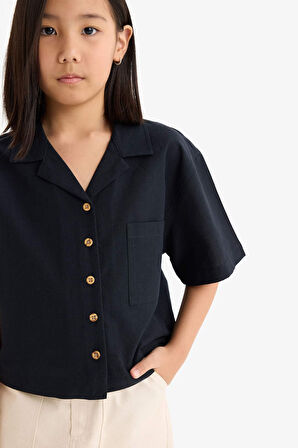 DeFacto Kız Çocuk Cropped Fit Keten Kısa Kollu Gömlek D7638A825SMBK27
