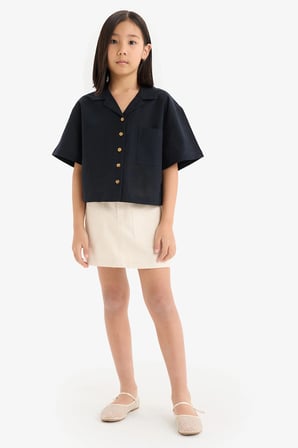 DeFacto %100 Pamuk Cropped Fit Keten Kısa Kollu Gömlek Kız Çocuk D7638A825SMBK27