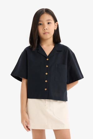 DeFacto %100 Pamuk Cropped Fit Keten Kısa Kollu Gömlek Kız Çocuk D7638A825SMBK27