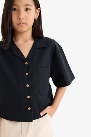 DeFacto %100 Pamuk Cropped Fit Keten Kısa Kollu Gömlek Kız Çocuk D7638A825SMBK27