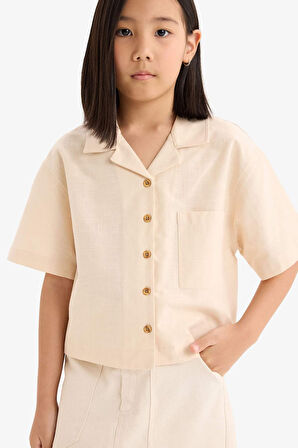 DeFacto Kız Çocuk Cropped Fit Keten Kısa Kollu Gömlek D7638A825SMER42