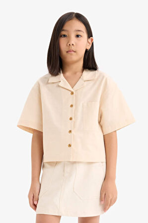 DeFacto Kız Çocuk Cropped Fit Keten Kısa Kollu Gömlek D7638A825SMER42
