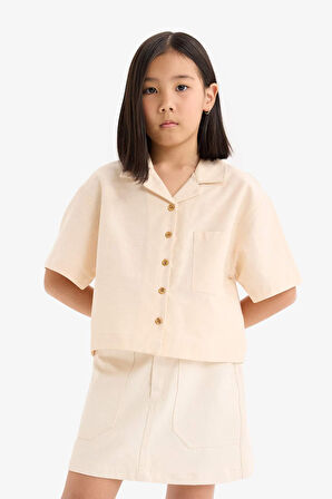 DeFacto Kız Çocuk Cropped Fit Keten Kısa Kollu Gömlek D7638A825SMER42