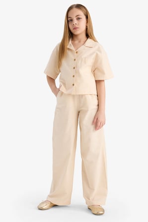 DeFacto %100 Pamuk Cropped Fit Keten Kısa Kollu Gömlek Kız Çocuk D7638A825SMER42
