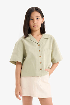DeFacto Kız Çocuk Cropped Fit Keten Kısa Kollu Gömlek D7638A825SMGN1156