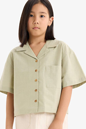 DeFacto Kız Çocuk Cropped Fit Keten Kısa Kollu Gömlek D7638A825SMGN1156