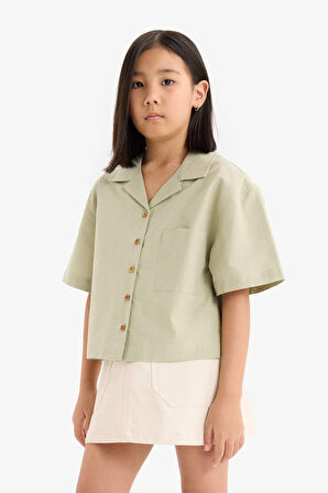 DeFacto Kız Çocuk Cropped Fit Keten Kısa Kollu Gömlek D7638A825SMGN1156