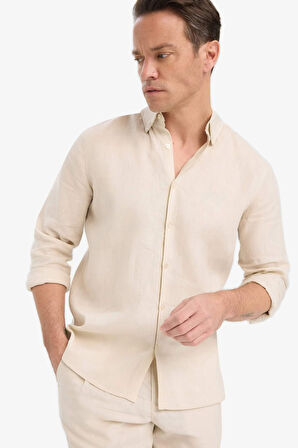 %100 Keten Regular Fit Polo Yaka Yazlık Basic Düz Uzun Kollu Gömlek