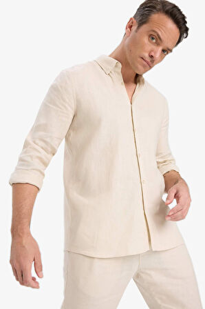 %100 Keten Regular Fit Polo Yaka Yazlık Basic Düz Uzun Kollu Gömlek