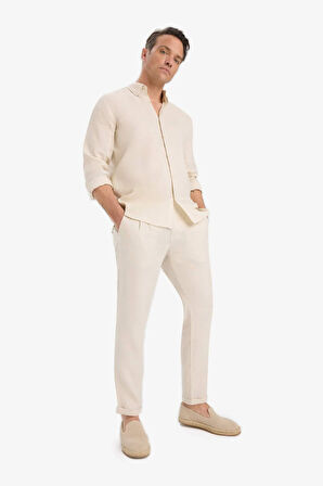 DeFacto %100 Keten Regular Fit Polo Yaka Yazlık Basic Düz Uzun Kollu Gömlek C1825AX25SMBG106